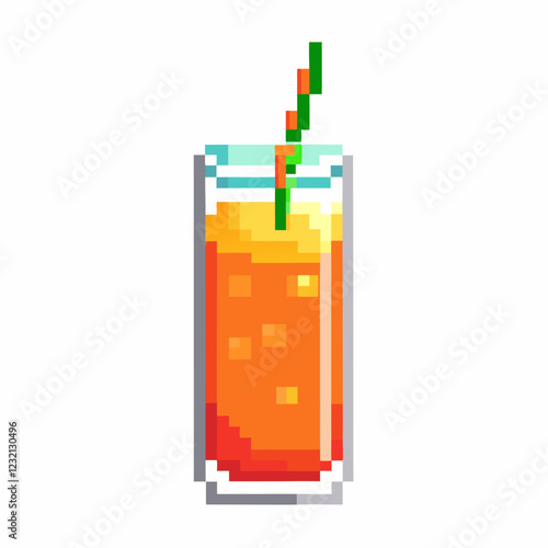 Colorful Pixel Art Refreshing Beverage with Straw on White Background