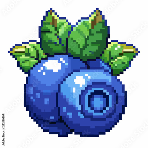 Pixel Art Blueberry with Leaves A Retro Digital Fruit Illustration