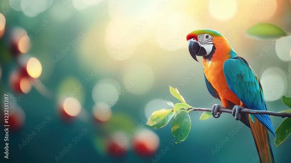Vibrant macaw perched on branch in sunlit forest setting Vibrant macaw perched on branch in sunlit forest setting