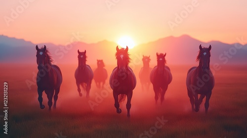 Wild horses running at sunrise in misty landscape with mountains in background