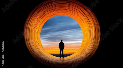 Gateway to Dreams: A silhouette of a solitary figure stands poised, gazing towards the vibrant horizon, the portal framing the possibilities ahead. 