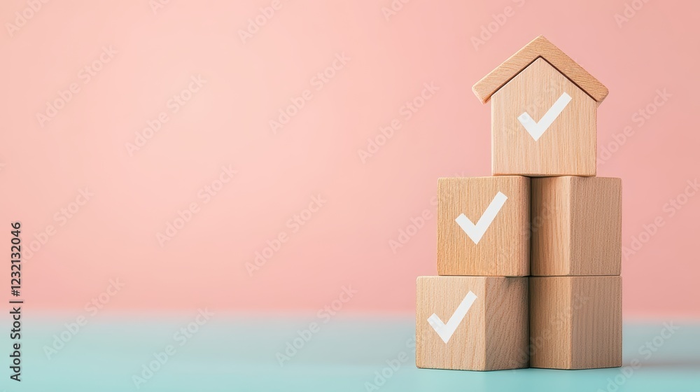 Obraz premium Wooden blocks with check marks on pastel background for organization concept