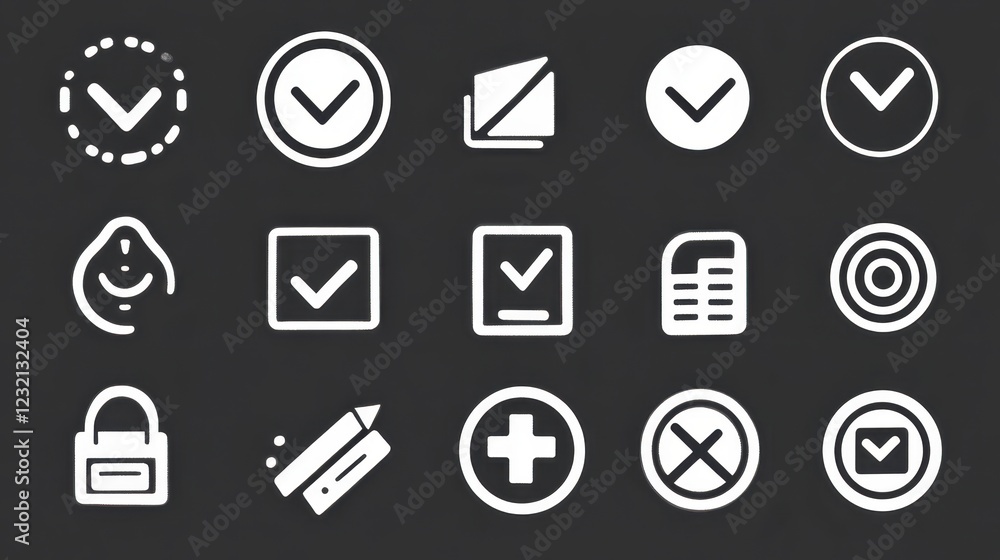 Collection of white pixel art icons on dark gray background, depicting check marks, documents, time, lock, pencil, plus and minus signs, and other Collection of white pixel art icons on dark gray background, depicting check marks, documents, time, lock, pencil, plus and minus signs, and other