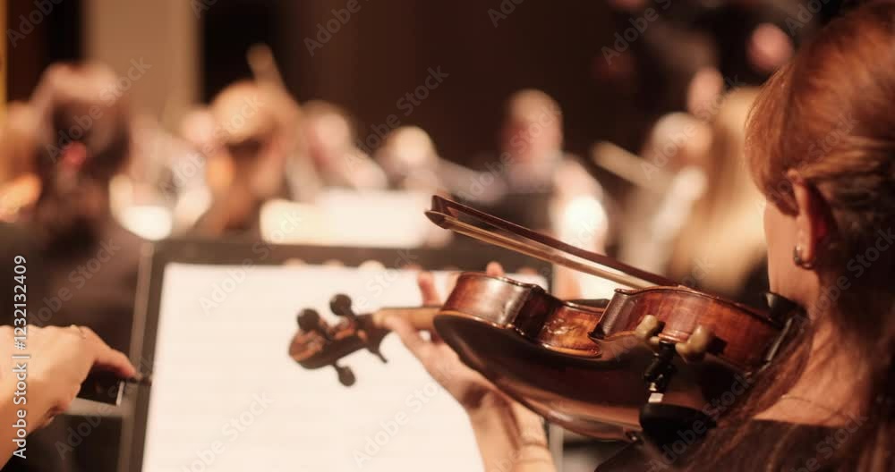 A close-up view of a violin player during a rehearsal of an academic classical orchestra in a softly lit concert hall. The conductor and other musicians are visible in the background