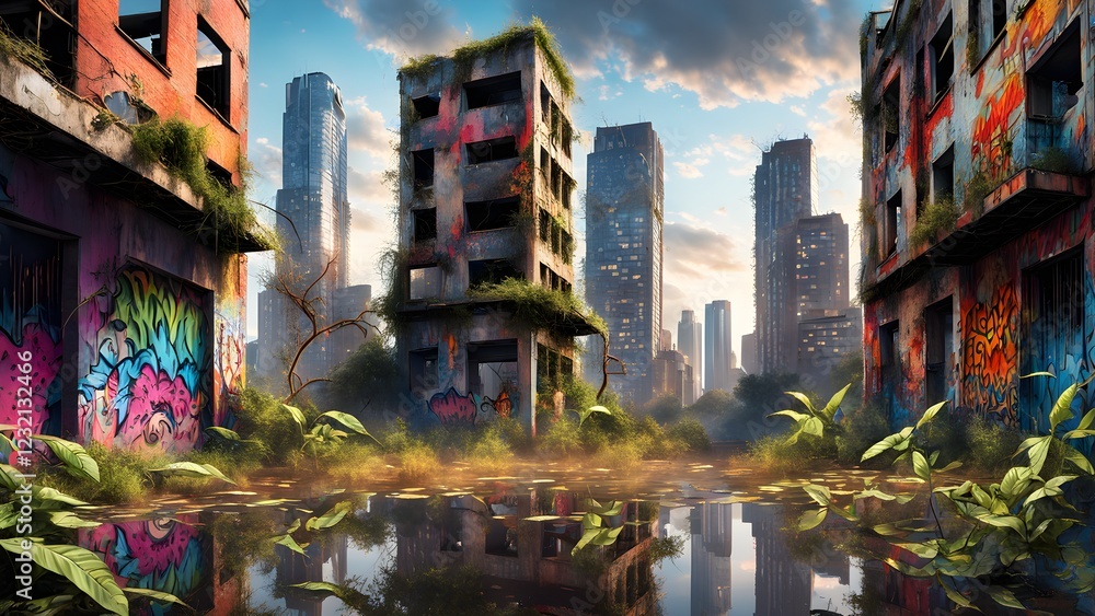 Obraz premium Overgrown, graffiti-covered ruins of a city reflect in a stagnant pool, juxtaposed against a backdrop of modern skyscrapers.