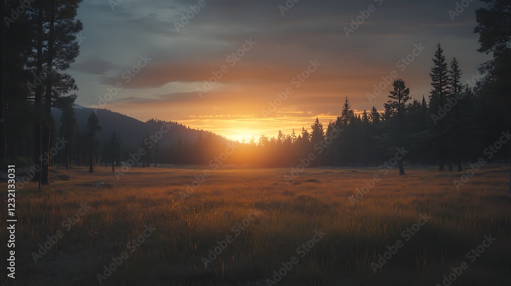 Fototapeta premium A serene sunset over a grassy meadow surrounded by trees and mountains.