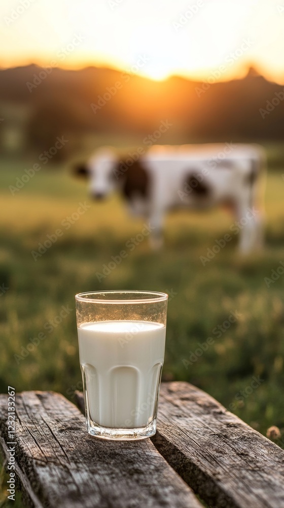 Glass of fresh milk on wooden table with cow grazing in field at sunset Glass of fresh milk on wooden table with cow grazing in field at sunset