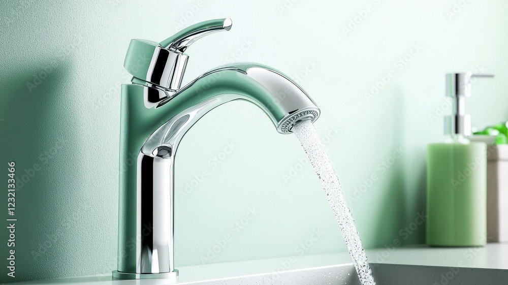 Sink faucet flowing water minimalist concept. A shiny faucet pours clear water into a sink against a soft green background, complemented by bath products on the counter. Sink faucet flowing water minimalist concept. A shiny faucet pours clear water into a sink against a soft green background, complemented by bath products on the counter.