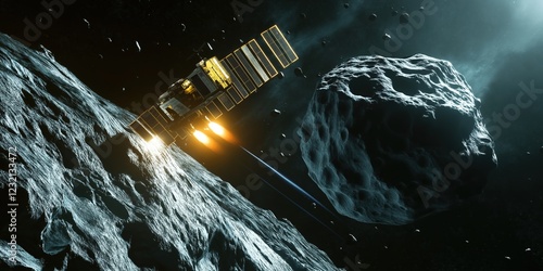 Powerful spacecraft firing rockets in dramatic attempt to divert asteroid from collision course with earth, showcasing space exploration and planetary defense