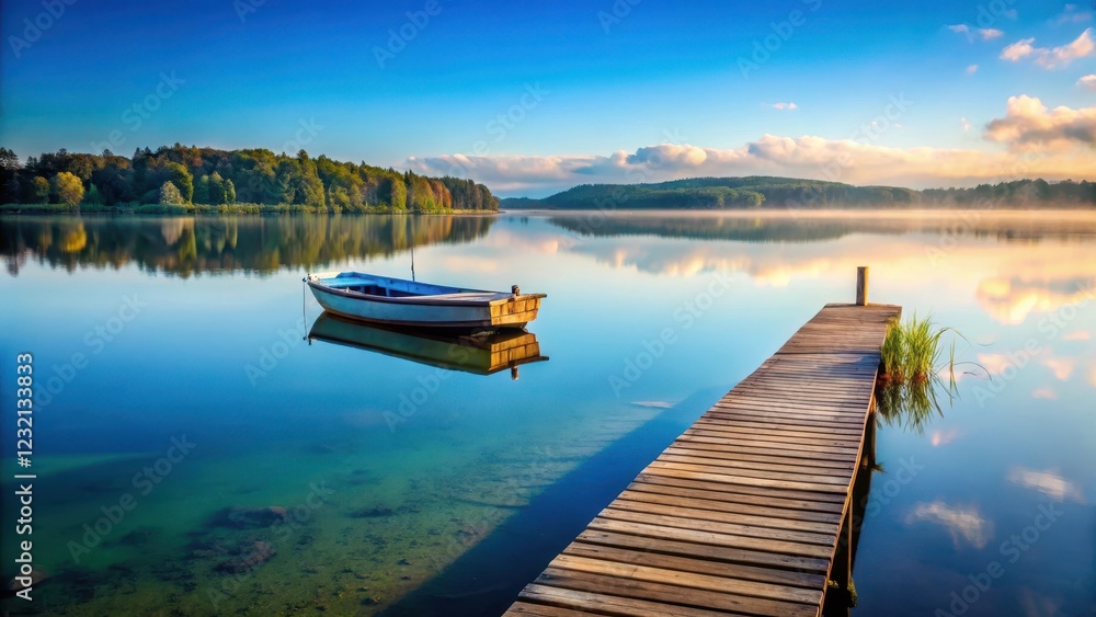 Obraz premium A small wooden dock extends over the calm surface of a serene lake, with a lone boat partially submerged in the water, scenery