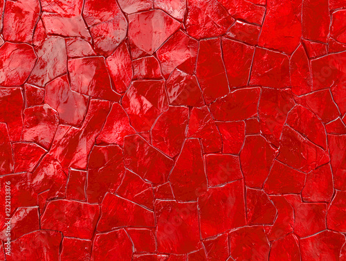 Red Mosaic Texture: A captivating abstract background featuring an intricate mosaic of deep crimson red tiles, each with a unique shape and texture, creates a visually striking pattern. The smooth.