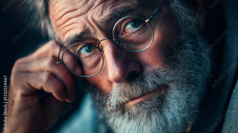 Pensive senior professor with eyeglasses and white beard looking thoughtful Pensive senior professor with eyeglasses and white beard looking thoughtful