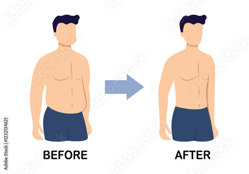 Fat and thin man before and after weight loss in flat design on white background.