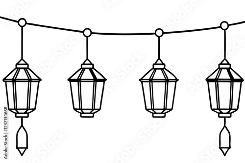 Hanging lanterns in one continuous single line art vector illustration. Lanterns Hanging Vector Outline
