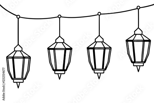 Hanging lanterns in one continuous single line art vector illustration. Lanterns Hanging Vector Outline
