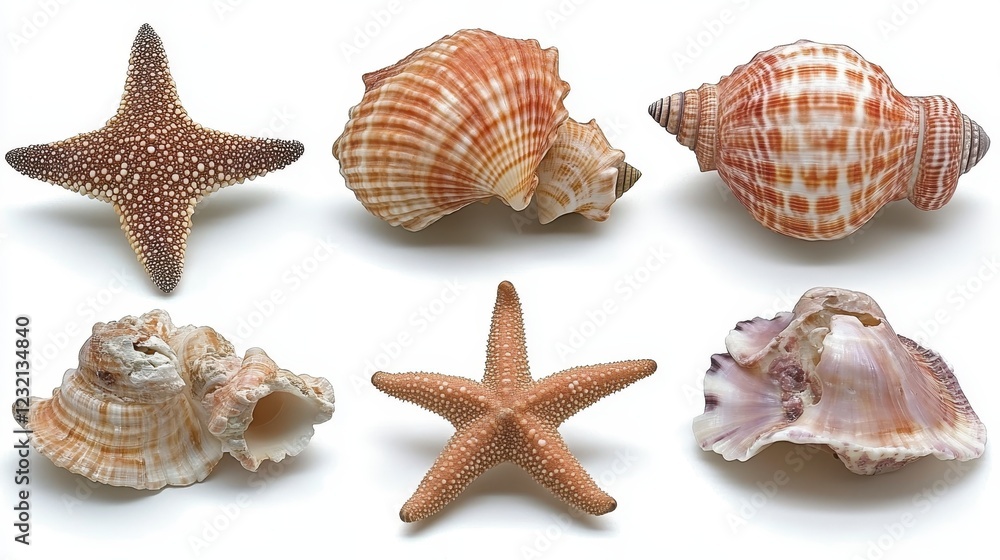 Seashells and starfish on a white background. Various shapes, sizes, and colors of shells are shown, including spiral and conical forms. Two starfish Seashells and starfish on a white background. Various shapes, sizes, and colors of shells are shown, including spiral and conical forms. Two starfish