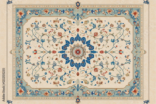 Detailed vintage carpet with oriental ornamentation, deep hues, and intricate symmetrical designs. A richly patterned and timeless decorative background with a warm, traditional aesthetic.

