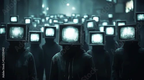 A surreal depiction of a crowd with TV screens as heads, symbolizing media influence, conformity, and dystopian themes.