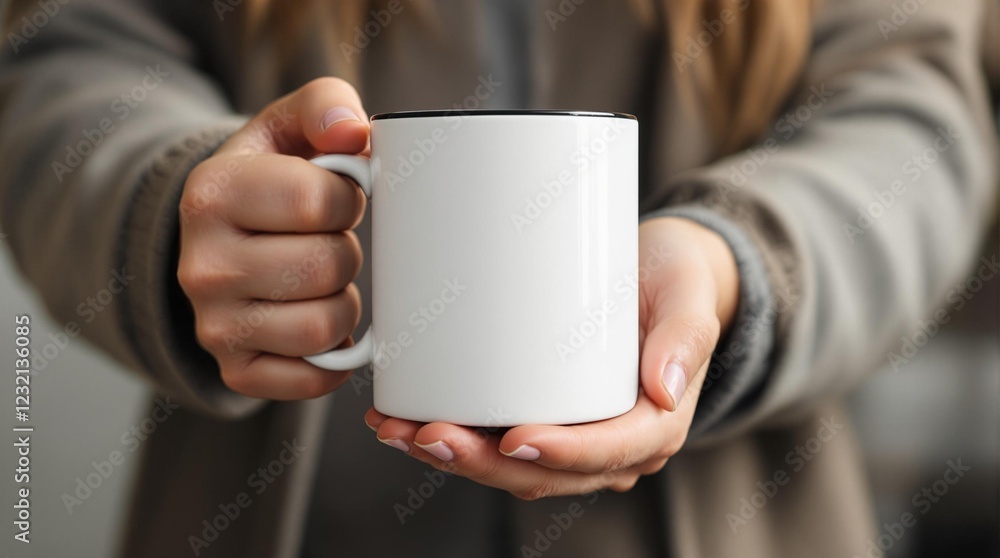Woman holding white mug for branding, e-commerce, and product design mockups Woman holding white mug for branding, e-commerce, and product design mockups