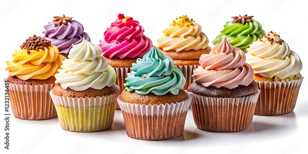Set of cupcakes with colorful cream on a white background. Set of cupcakes with colorful cream on a white background.