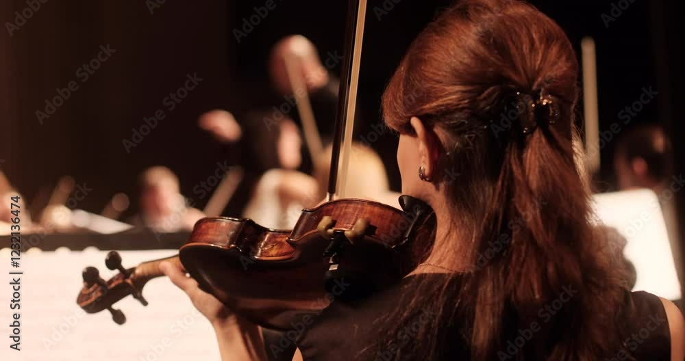 A close-up view of a violin player during a rehearsal of an academic classical orchestra in a softly lit concert hall. The conductor and other musicians are visible in the background