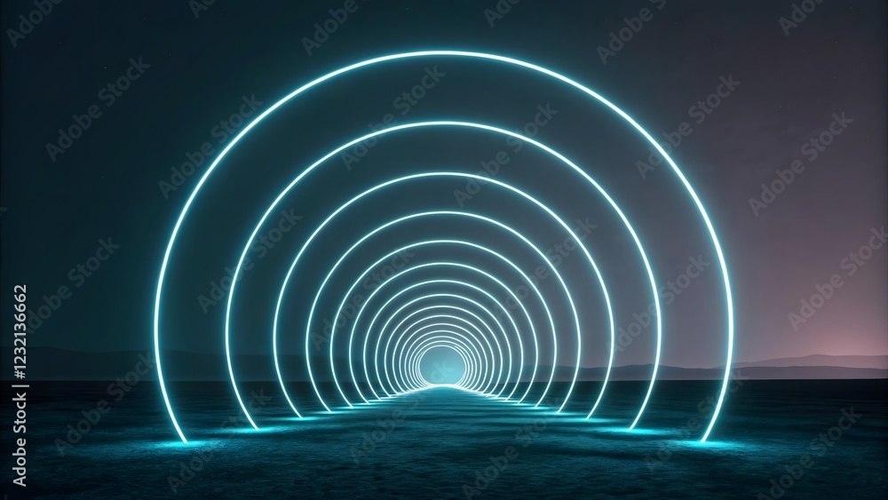 Fototapeta premium Futuristic Neon Light Waves Over Calm Water Surface at Night