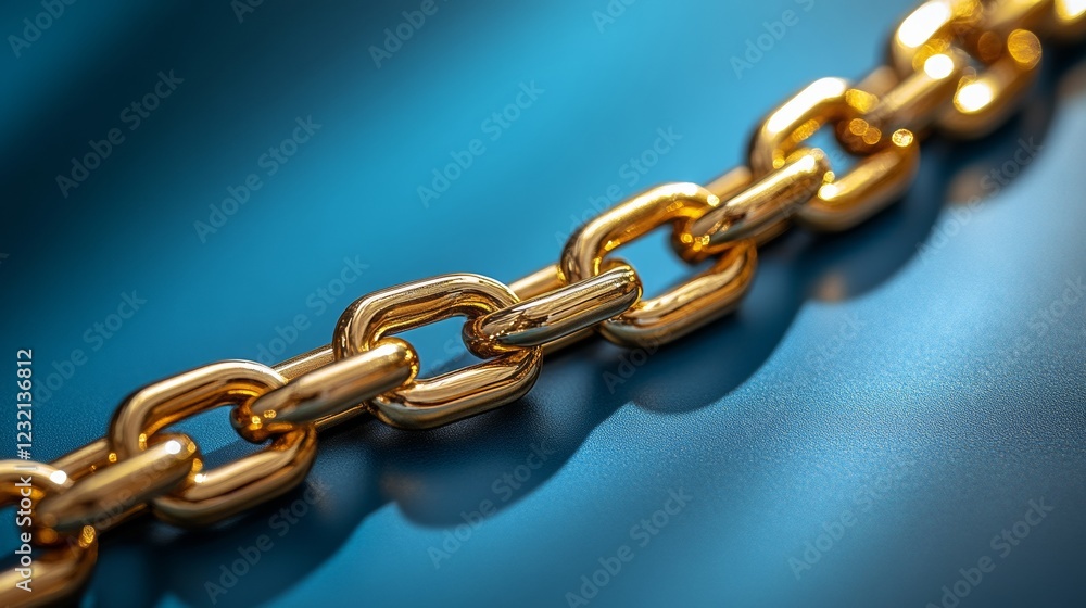 Fototapeta premium Golden chain resting on a blue surface representing strength and connection