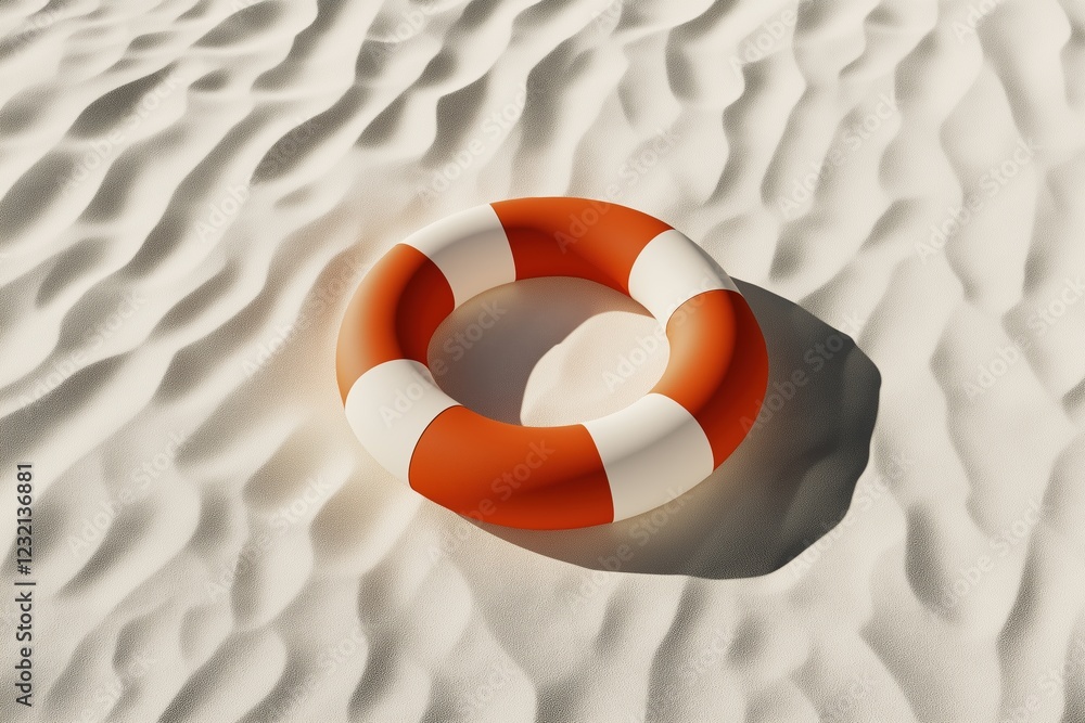Naklejka premium Bright orange and white lifebuoy resting on textured sand with sunlight casting a shadow