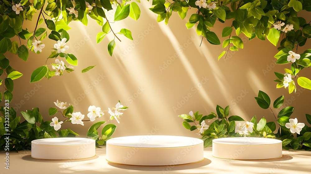 Serene Springtime Product Display: Elegant Beige Cylinders Adorned with Lush Greenery and Delicate White Blossoms, Bathed in Soft Sunlight Serene Springtime Product Display: Elegant Beige Cylinders Adorned with Lush Greenery and Delicate White Blossoms, Bathed in Soft Sunlight