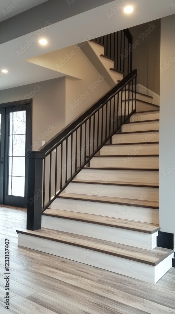 Obraz premium A stylish staircase showcases elegant Mocha Mousse hues, blending seamlessly with modern decor. Abundant natural light enhances the inviting atmosphere of this contemporary home