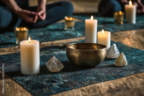 Meditation Setup with Singing Bowl, Candles, and Crystals