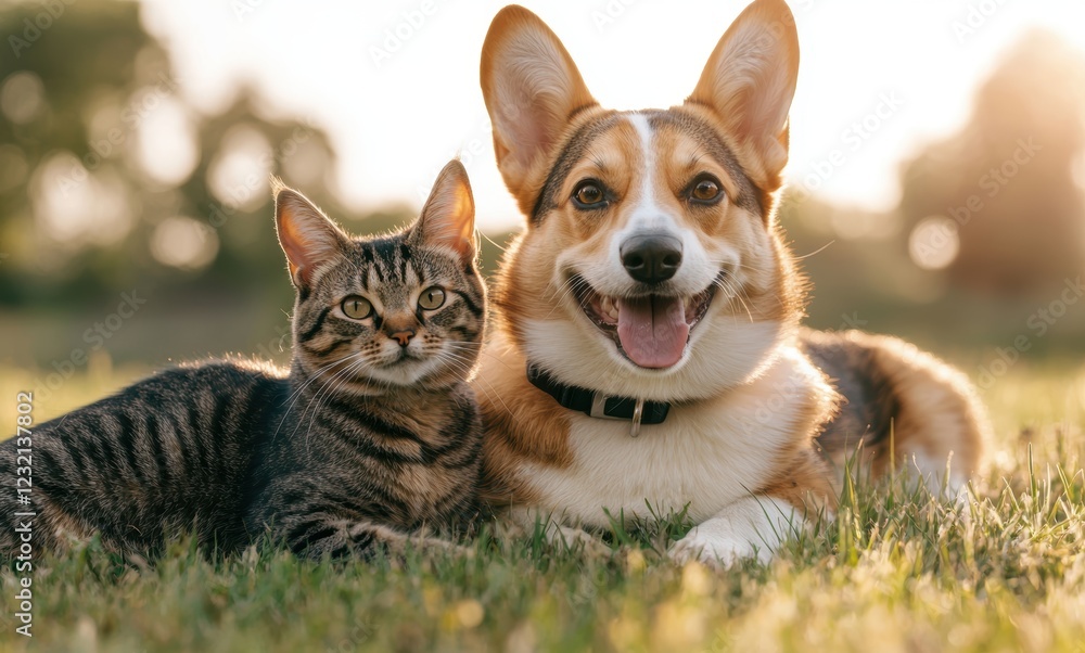 A joyful corgi and a playful tabby cat enjoy a sunny afternoon on the grass, showcasing their adorable friendship and harmony in nature. Perfect for pet lovers! A joyful corgi and a playful tabby cat enjoy a sunny afternoon on the grass, showcasing their adorable friendship and harmony in nature. Perfect for pet lovers!