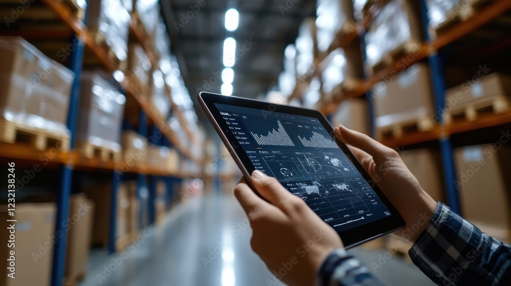 Fototapeta premium A warehouse worker is holding an iPad, analyzing data on the screen to manage inventory efficiently in a modern storage facility.