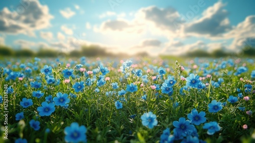 A vast field of vibrant blue flowers under a bright sky with fluffy clouds, creating a serene and beautiful landscape