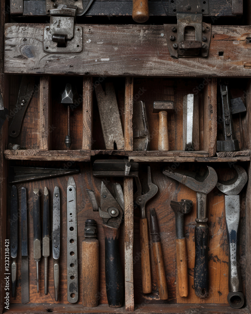 Close-up of a toolbox with neatly arranged tools, macro photography Close-up of a toolbox with neatly arranged tools, macro photography