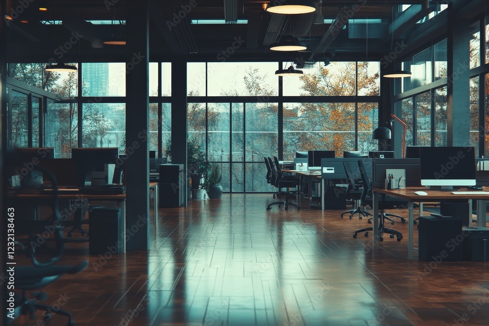 Fototapeta premium Modern empty office space with large windows, wooden floors, and dark industrial design.
