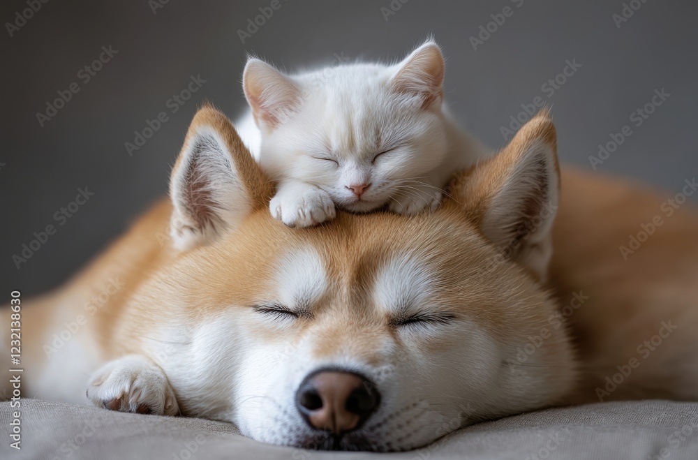 A heartwarming scene of a miniature cream cat peacefully sleeping on a Shiba Inu's head. This delightful pet duo captures the essence of companionship and tranquility. A heartwarming scene of a miniature cream cat peacefully sleeping on a Shiba Inu's head. This delightful pet duo captures the essence of companionship and tranquility.