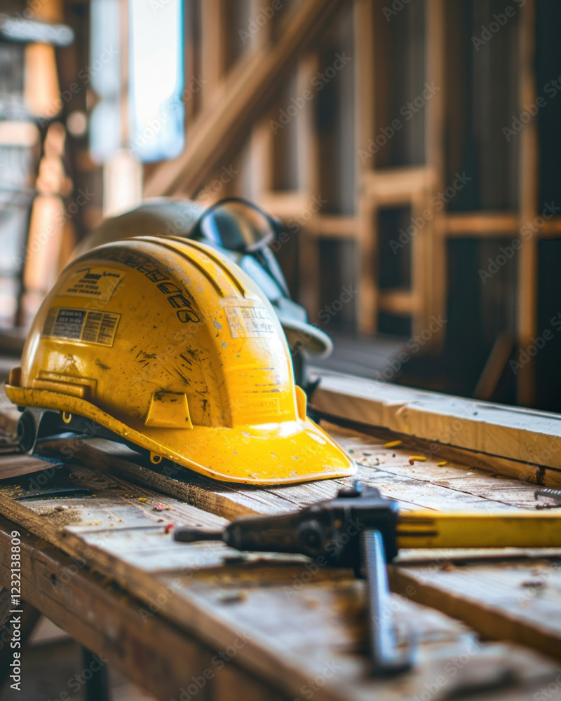 Close-up of construction tools on a wooden table, natural light, rugged details Close-up of construction tools on a wooden table, natural light, rugged details