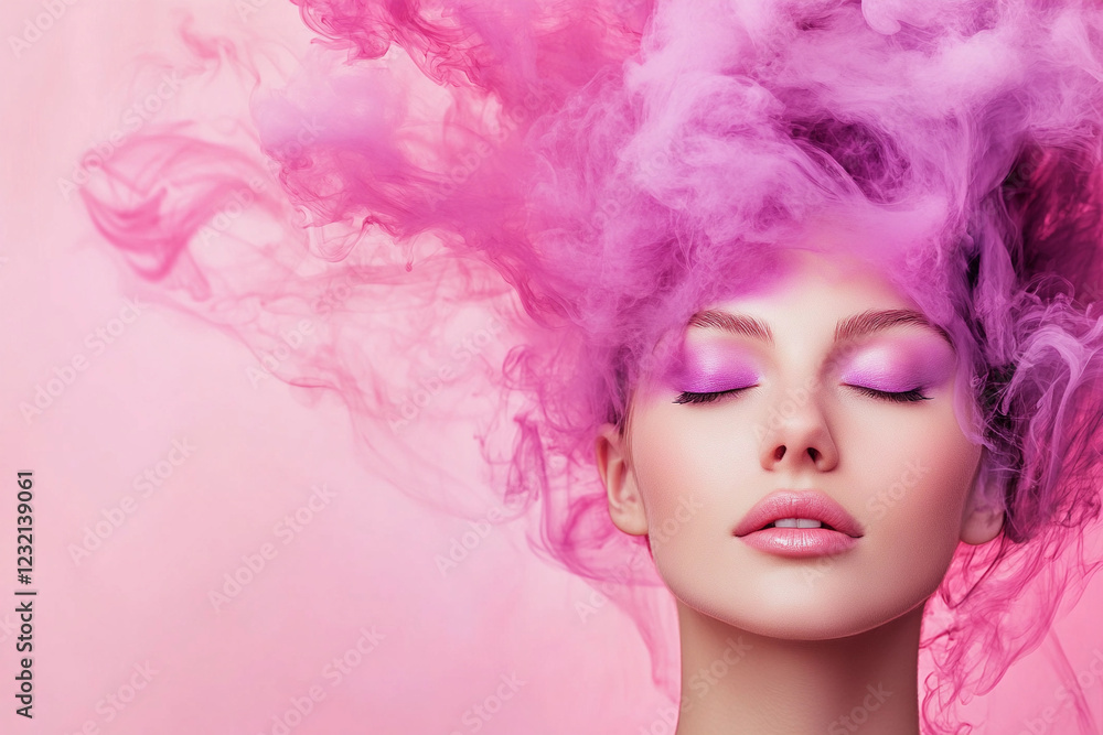 Fototapeta premium Woman with pink hair and makeup surrounded by colorful smoke