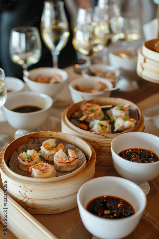 Close-up of shrimp dumplings served with dipping sauces in a traditional bamboo steamer Close-up of shrimp dumplings served with dipping sauces in a traditional bamboo steamer