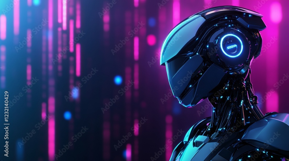 Futuristic robot looking at holographic data stream in cyberspace Futuristic robot looking at holographic data stream in cyberspace