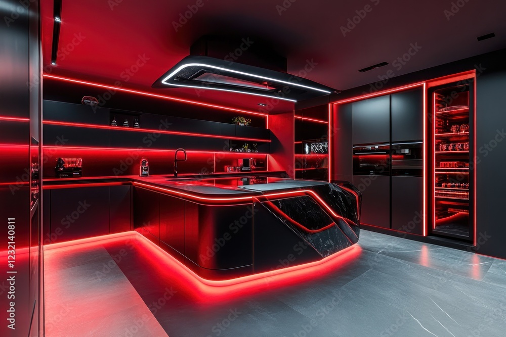 Obraz premium Futuristic Red Lit Modern Kitchen Design
