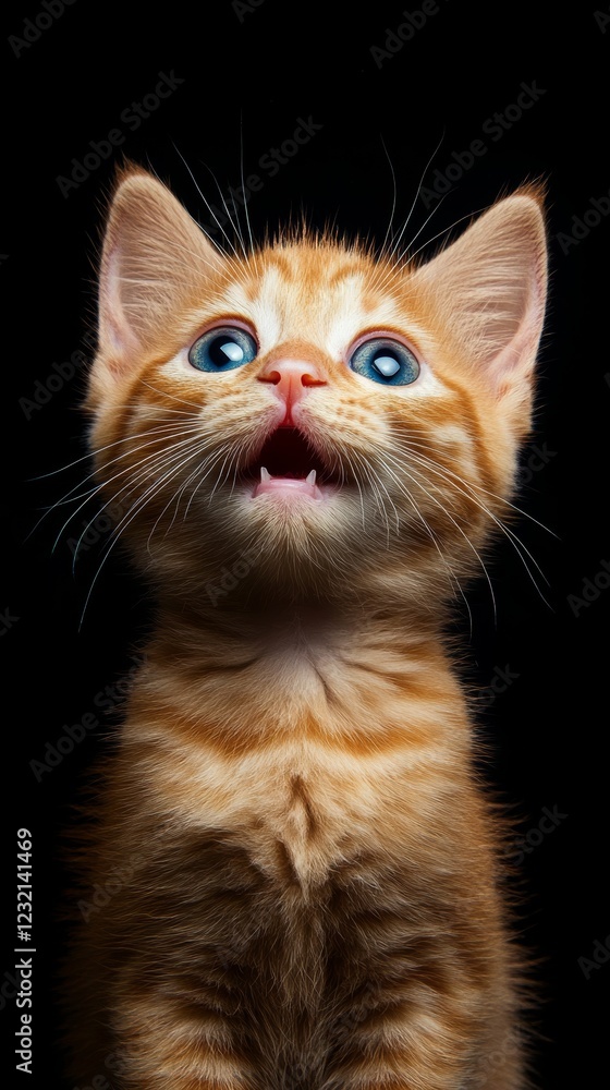 Ginger kitten looking up with surprised expression on black background Ginger kitten looking up with surprised expression on black background