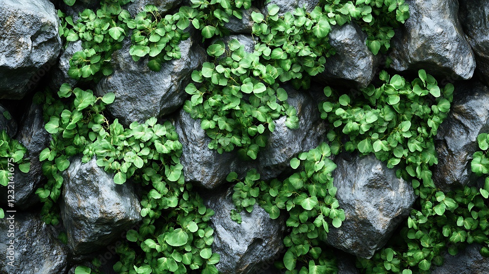 Smooth stone textures with mossy green accents. Smooth stone textures with mossy green accents.