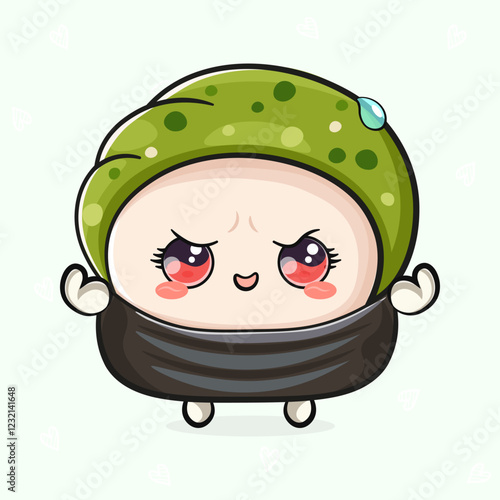 Cute funny Sushi strong. Vector hand drawn cartoon kawaii character illustration icon. Isolated on light green background. Sushi shows muscles character concept