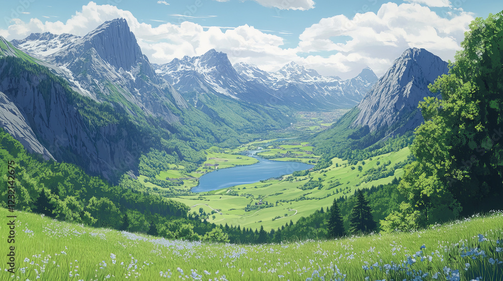 Fototapeta premium Summer landscape with lake, agriculture fields and mountains. Vector cartoon illustration of nature scene of countryside with green farmlands, river and rocks