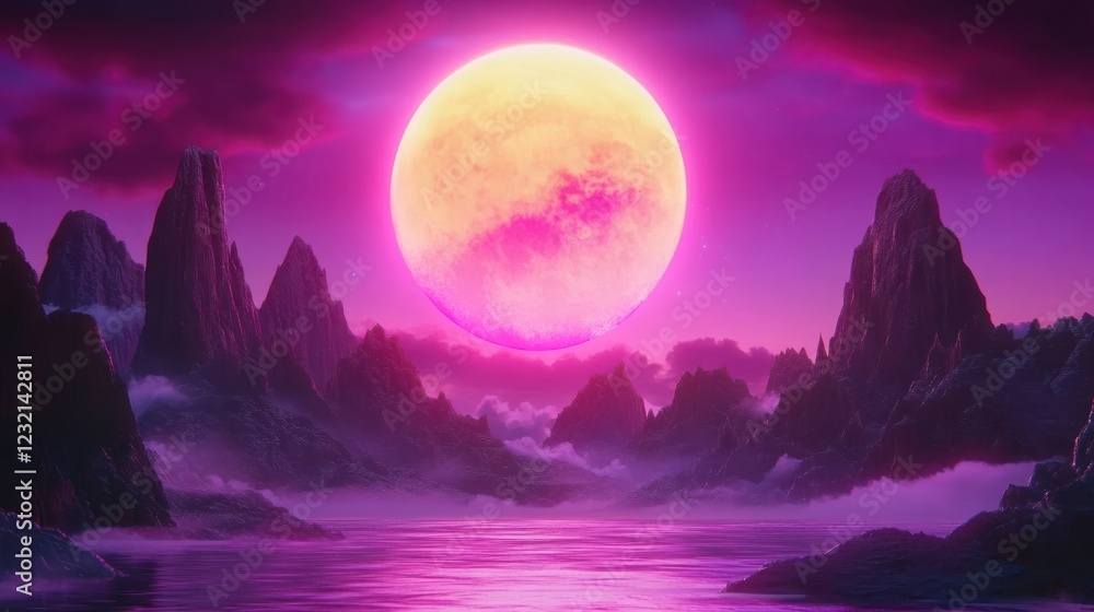 Pink Moon Over Purple Mountain Range and Lake Pink Moon Over Purple Mountain Range and Lake