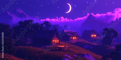 Wallpaper Mural  A violet purple night sky with a crescent moon over small village houses on the hills, illustration, wallpaper Torontodigital.ca