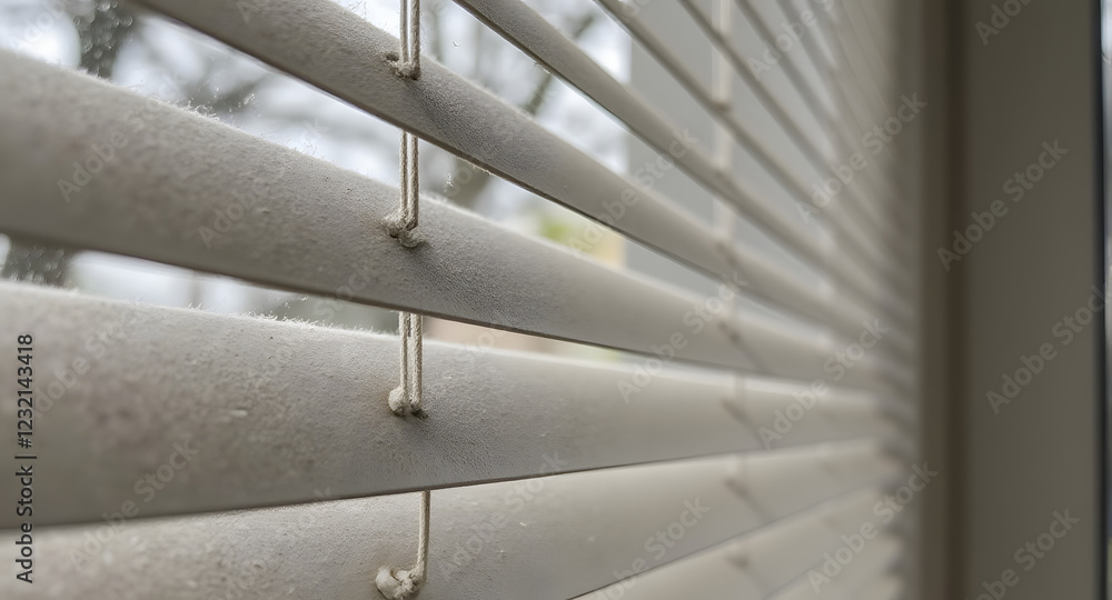 Close-up of White Venetian Blinds with Cord Detail Close-up of White Venetian Blinds with Cord Detail