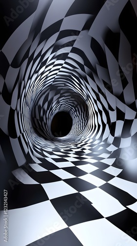 Down the Rabbit Hole: A mesmerizing black and white checkered tunnel leading into an abyss, creating a hypnotic vortex.